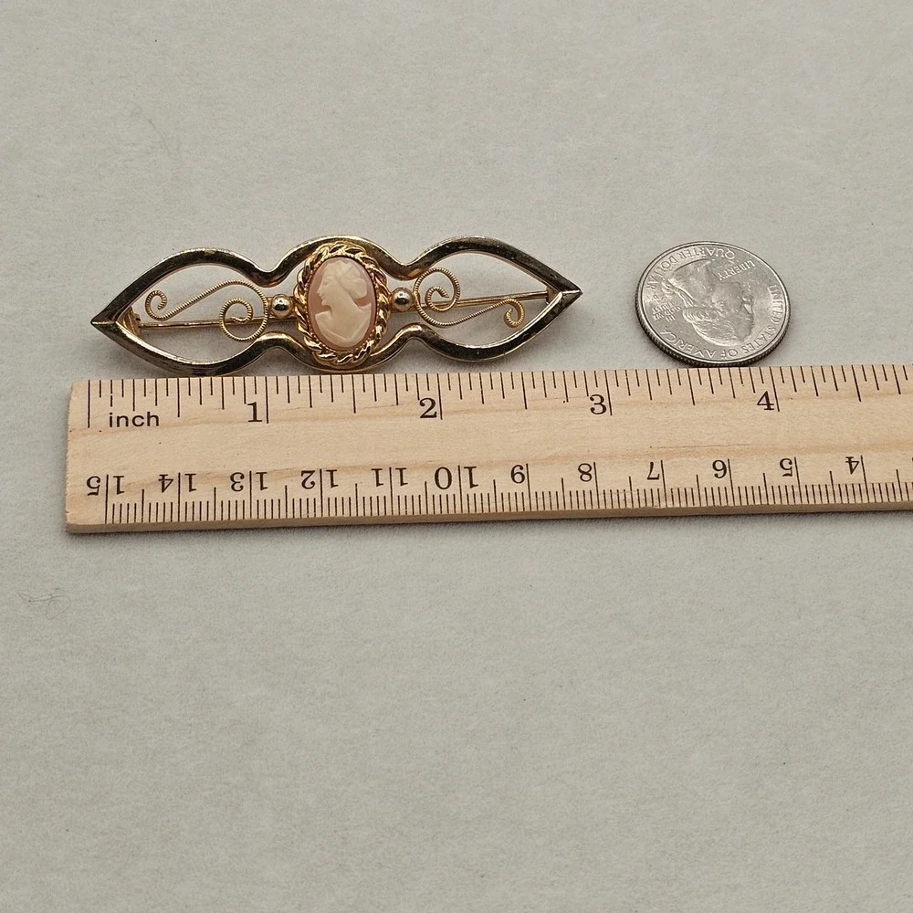 Gold Tone Cameo Bar Brooch Filigree Portrait 3